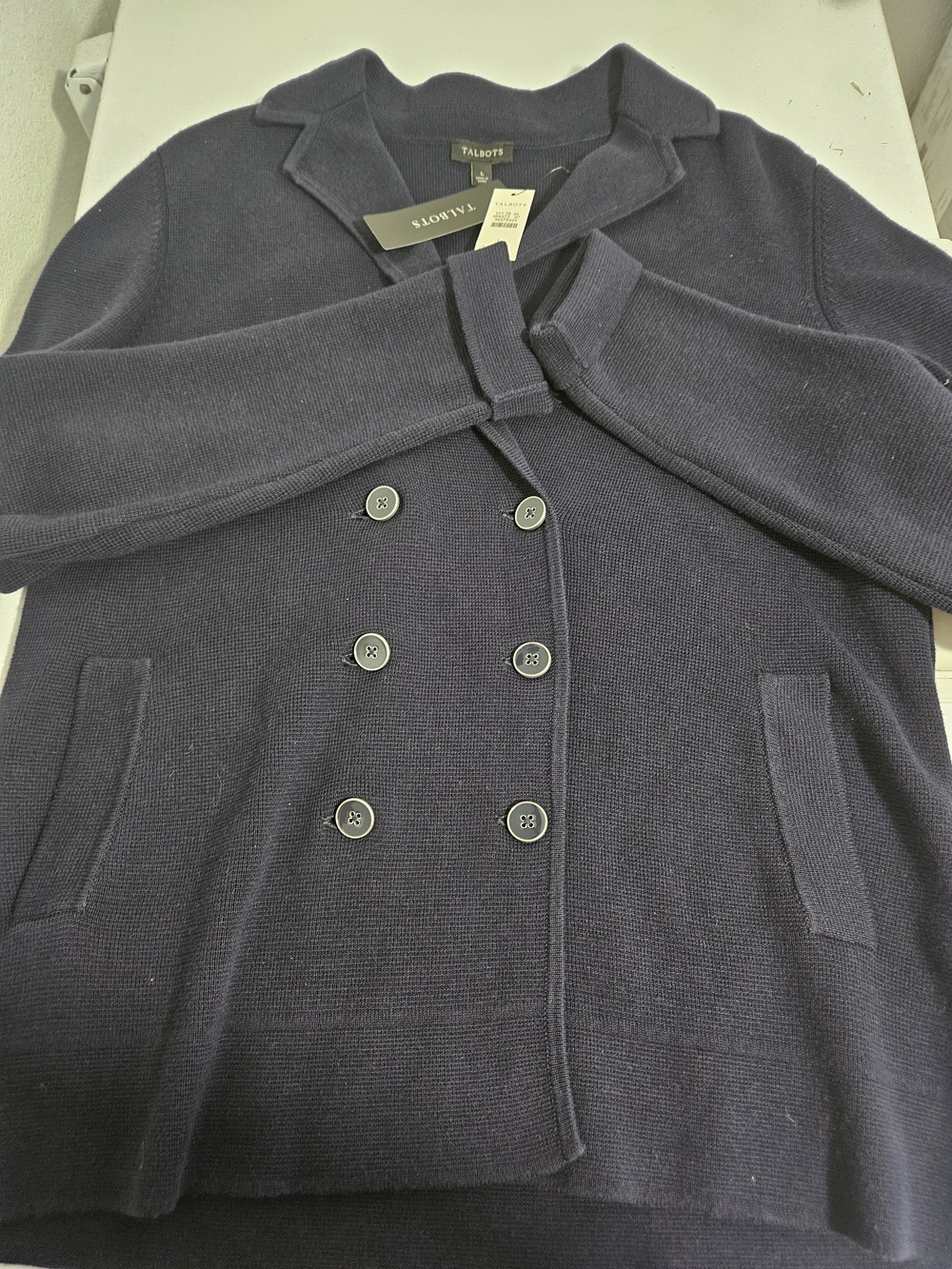 Talbots Navy Double-Breasted Knit Cardigan Jacket